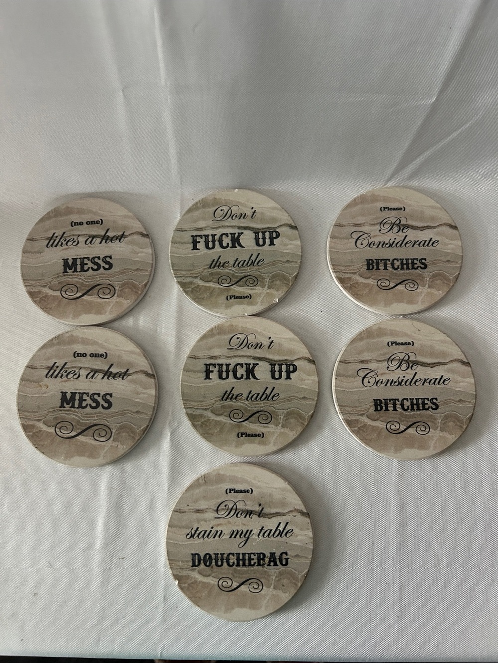 LIFVER Set of 7 Novelty Ceramic -Marble Look Sarcastic Coasters - Neutral Beige